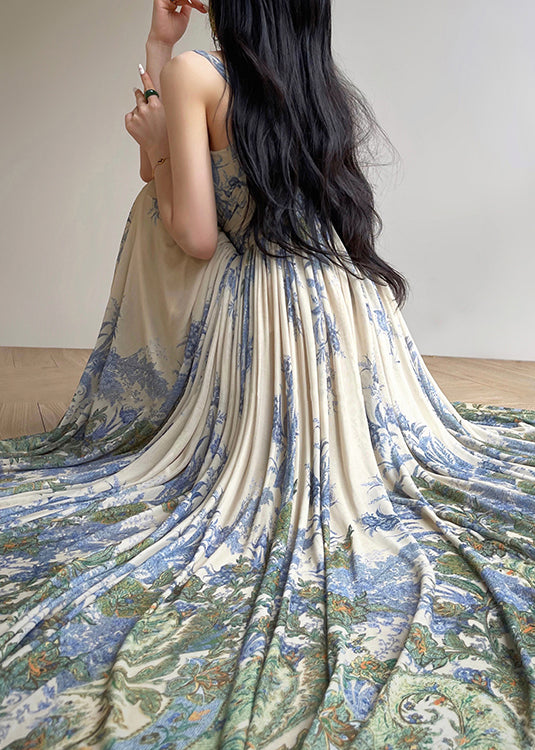 Spaghetti Strap Square Neck Botanical Print Pleated Chiffon Maxi Dress - View 5