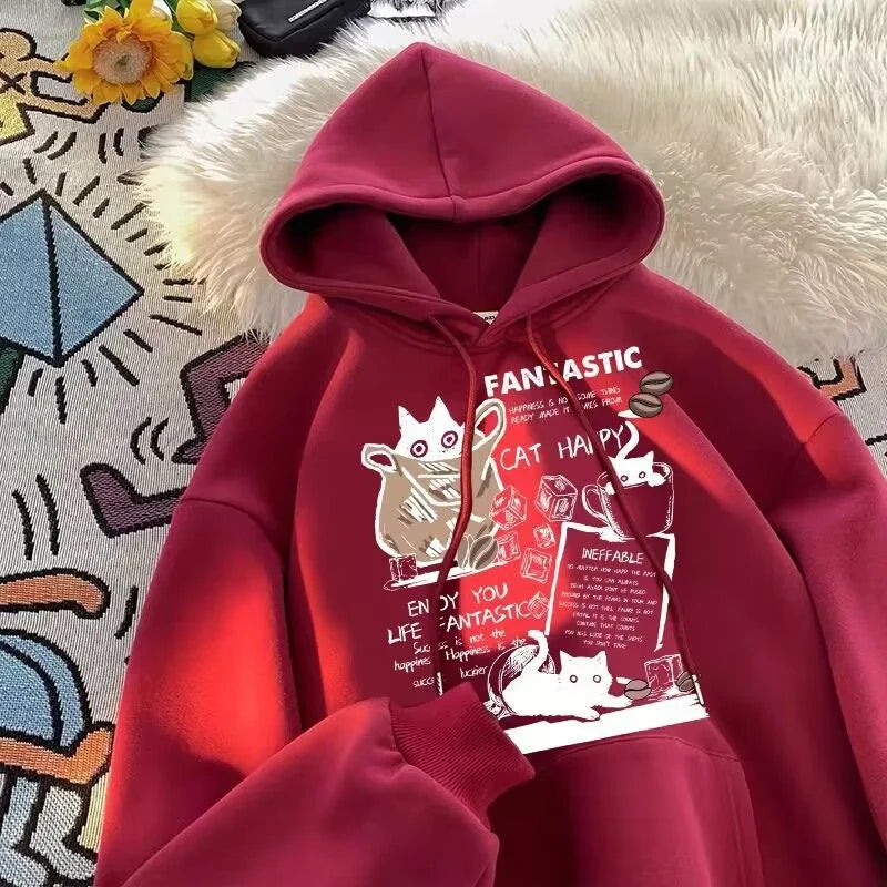 Cat Cartoon Printed Pullover Hoodie
