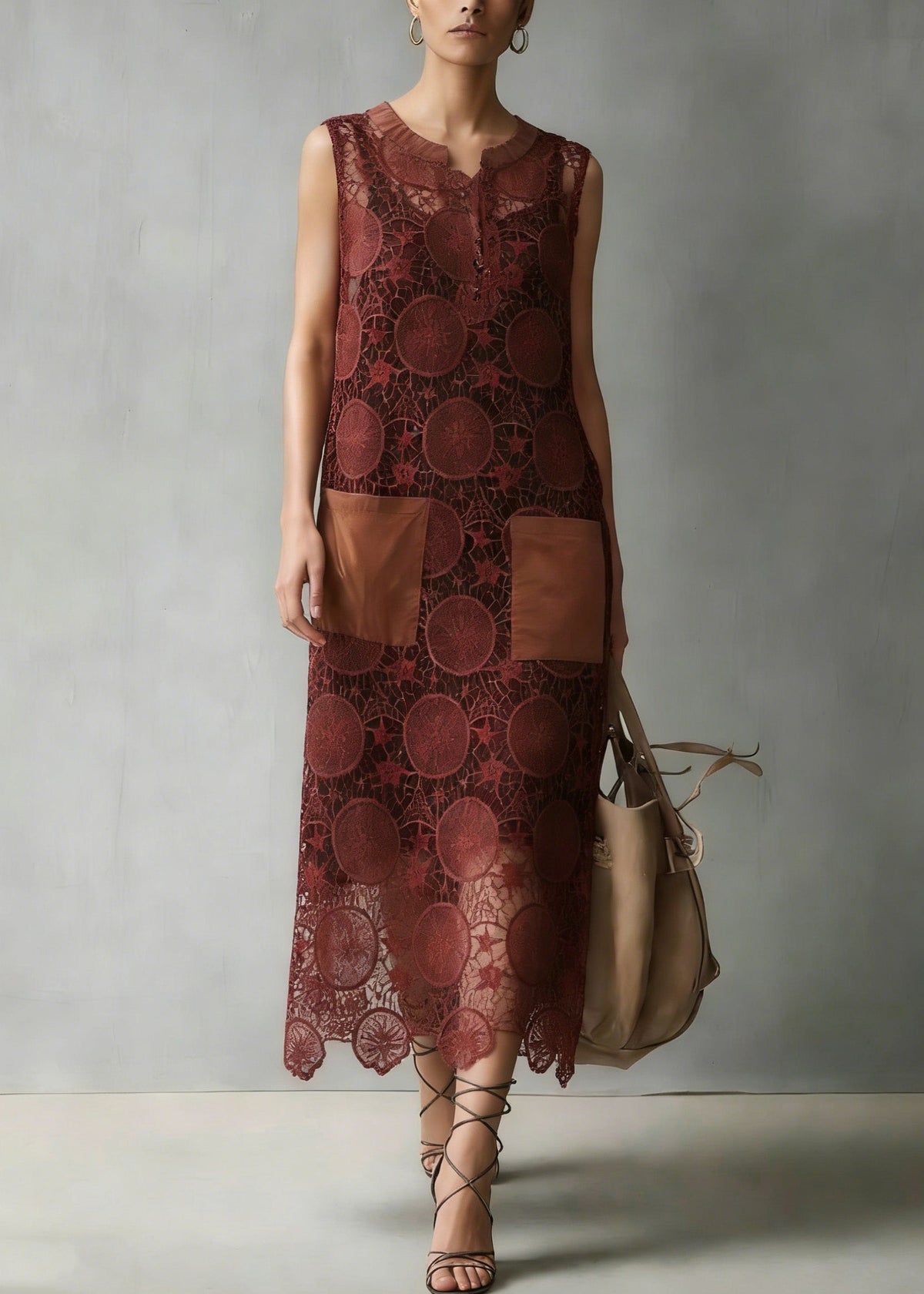 Lace Circular Motif Split Neck Patch Pocket Scalloped Midi Dress - View 3