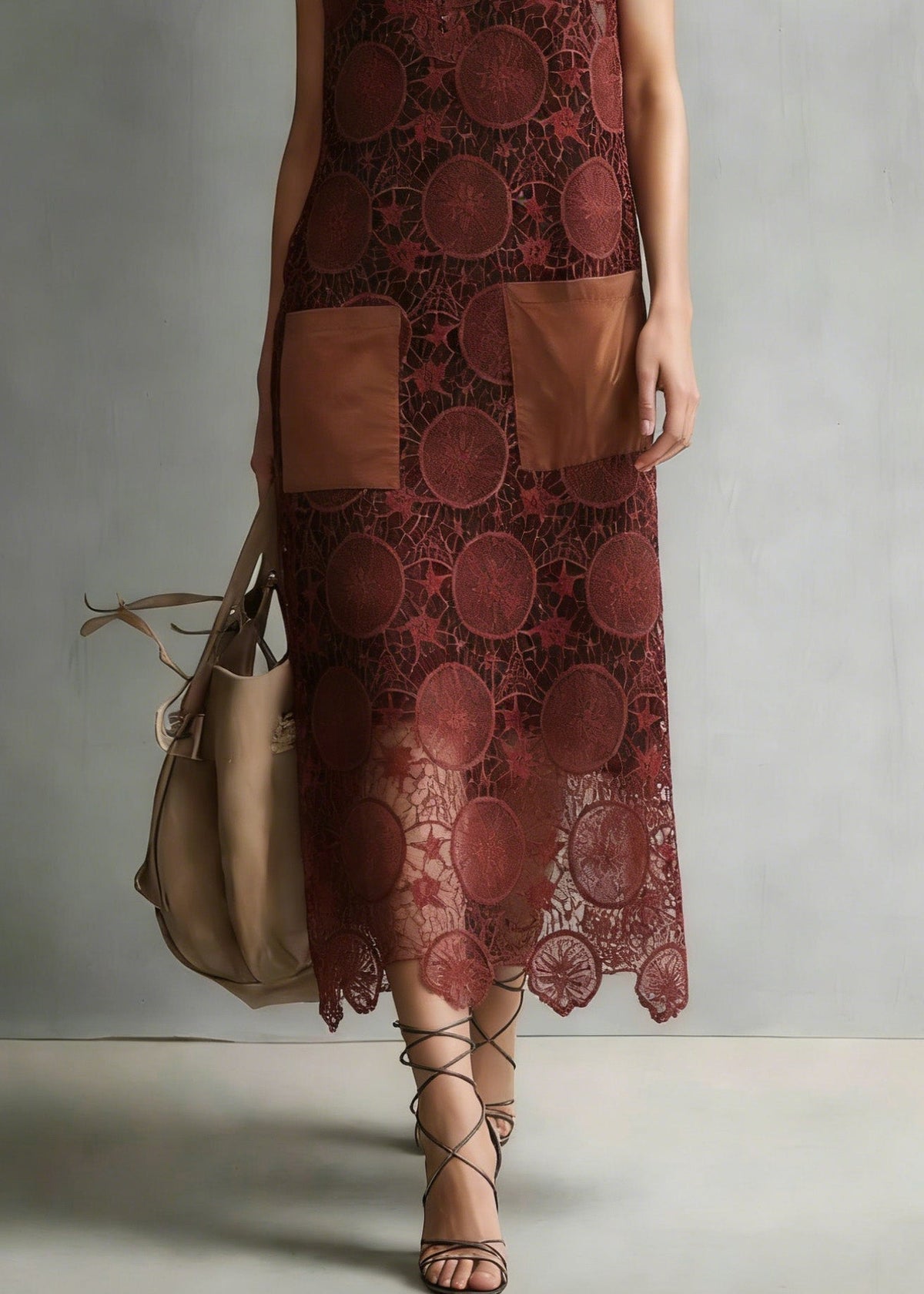 Lace Circular Motif Split Neck Patch Pocket Scalloped Midi Dress - View 4