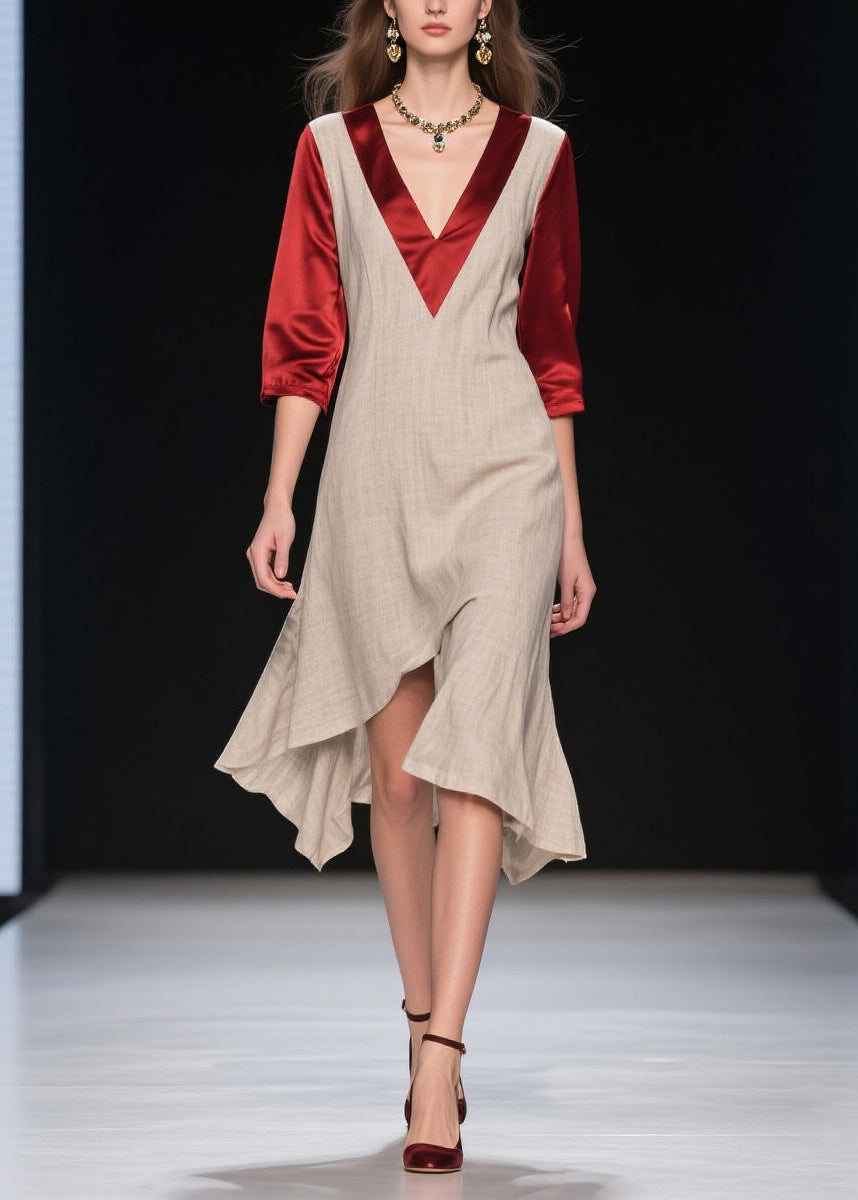 Deep V-Neck Layered Overlay Satin Sleeve Asymmetrical Midi Dress
