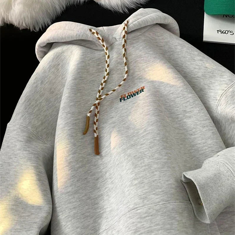 FLOWER Letter Print Y2K Fleece Hoodie