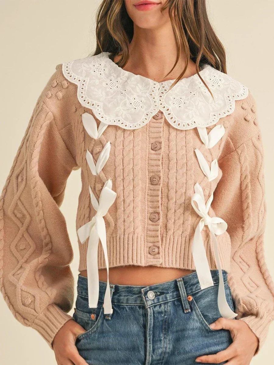 Doll Collar Tie-Up Long Sleeve Knit Cardigan pink / S