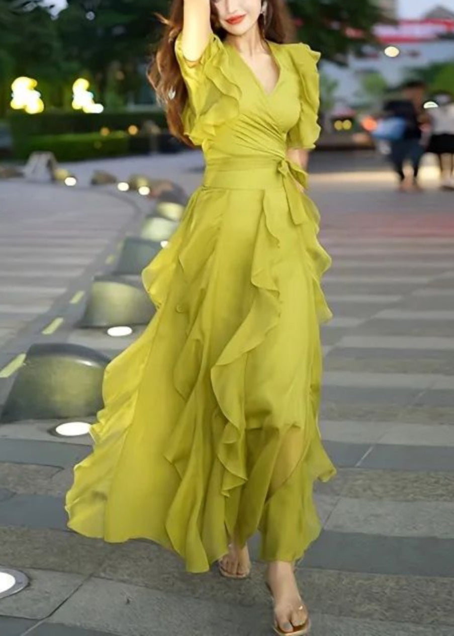 New Green V Neck Ruffled Chiffon Long Dresses Summer - View 2