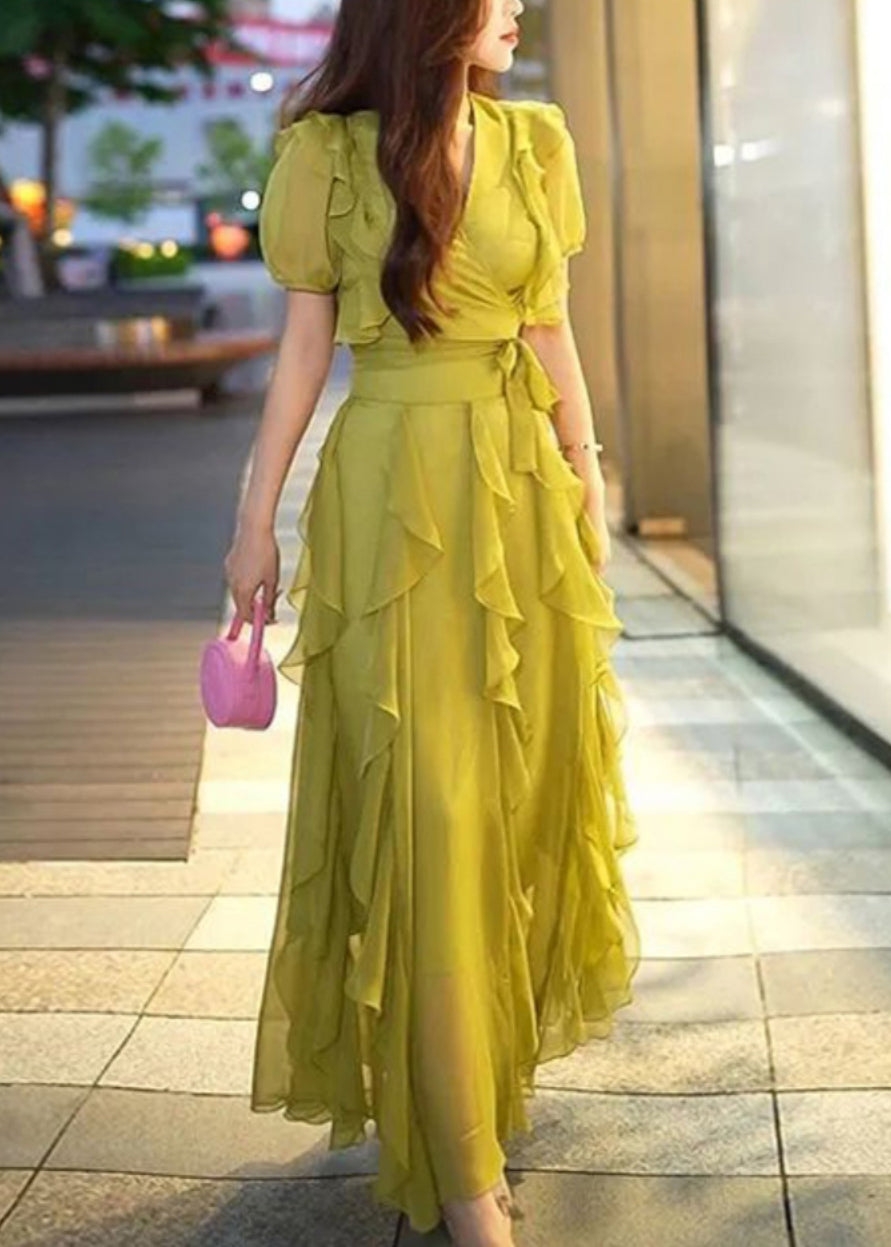 New Green V Neck Ruffled Chiffon Long Dresses Summer - View 4