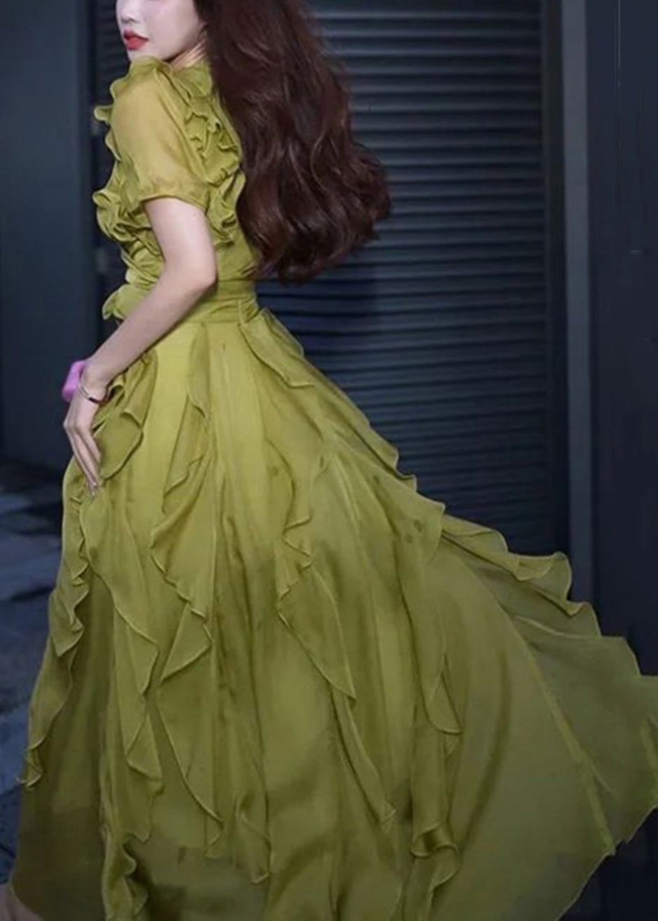 New Green V Neck Ruffled Chiffon Long Dresses Summer - View 5