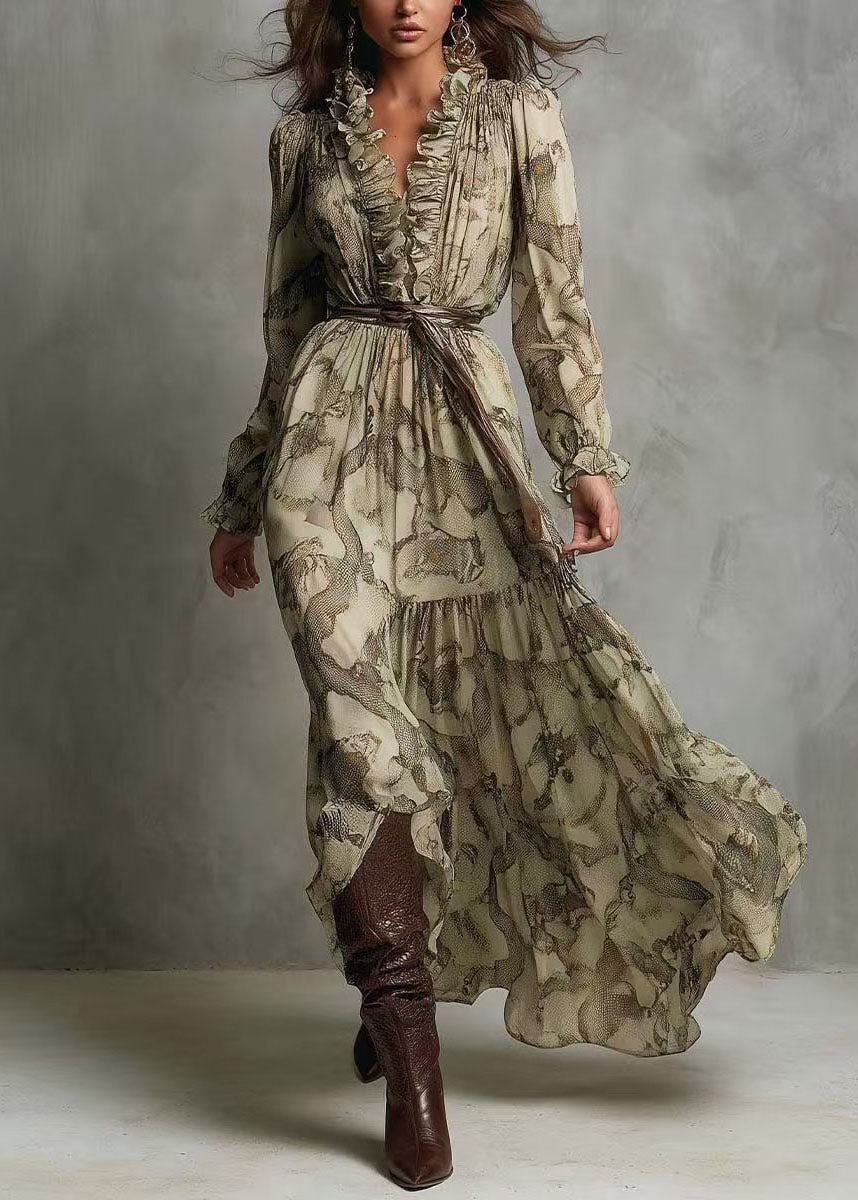 New Green V Neck Ruffled Patchwork Chiffon Long Dresses Summer - View 3
