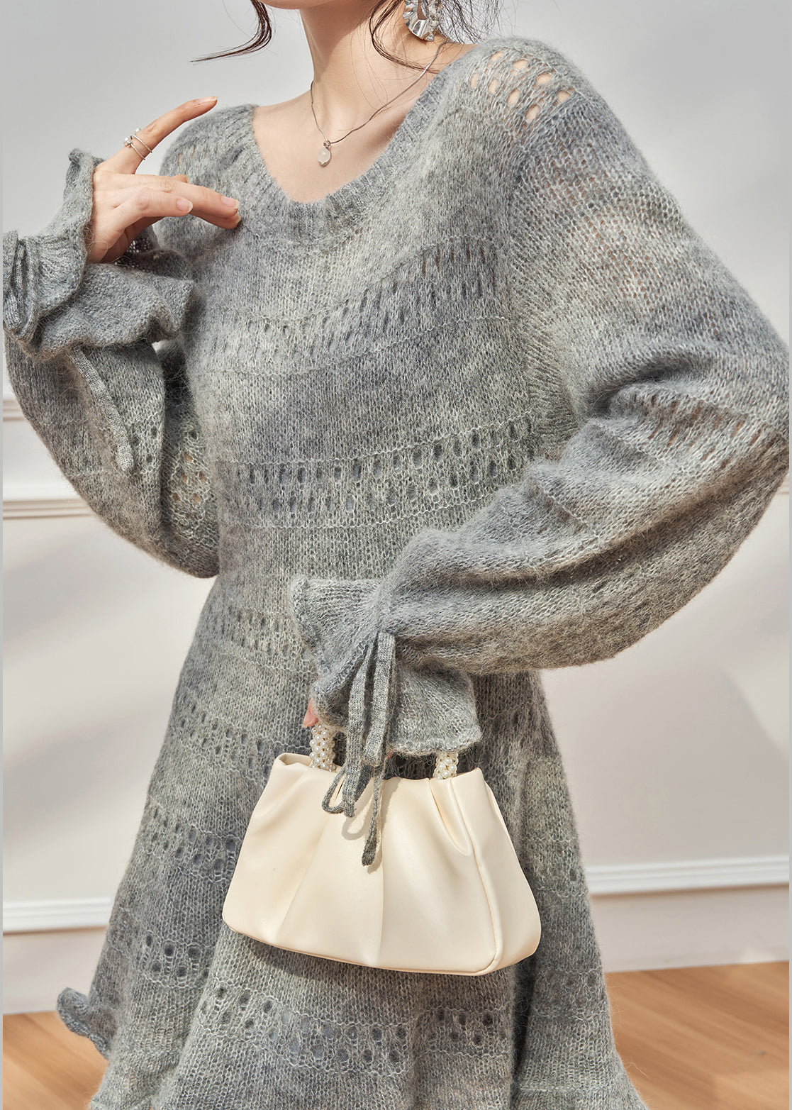 New Grey Ruffled Hollow Out Lace Up Knit Sweater Dress Fall - View 5