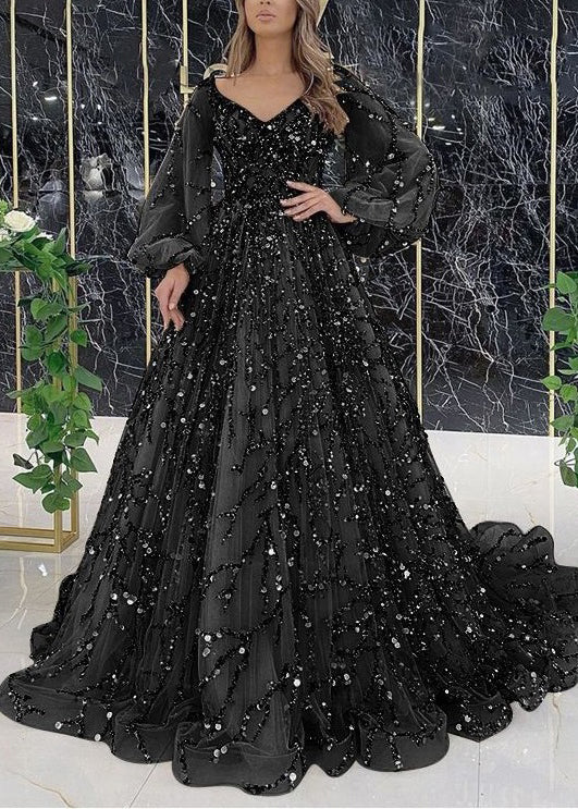 New Grey V Neck Nail Bead Tulle Maxi Dresses - View 4
