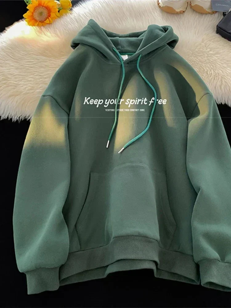Spirit Free Letter Printed Hoodie Green / M(40-45KG)