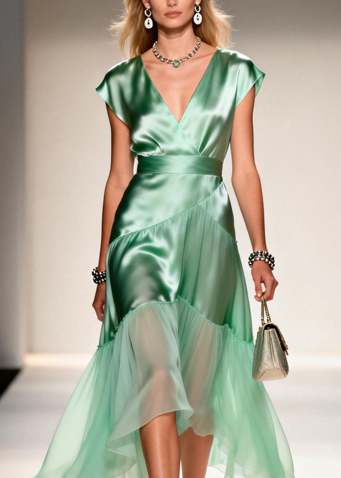 Satin Wrap V-Neck Cap Sleeve Sheer Tiered Ruffle Midi Dress - View 2