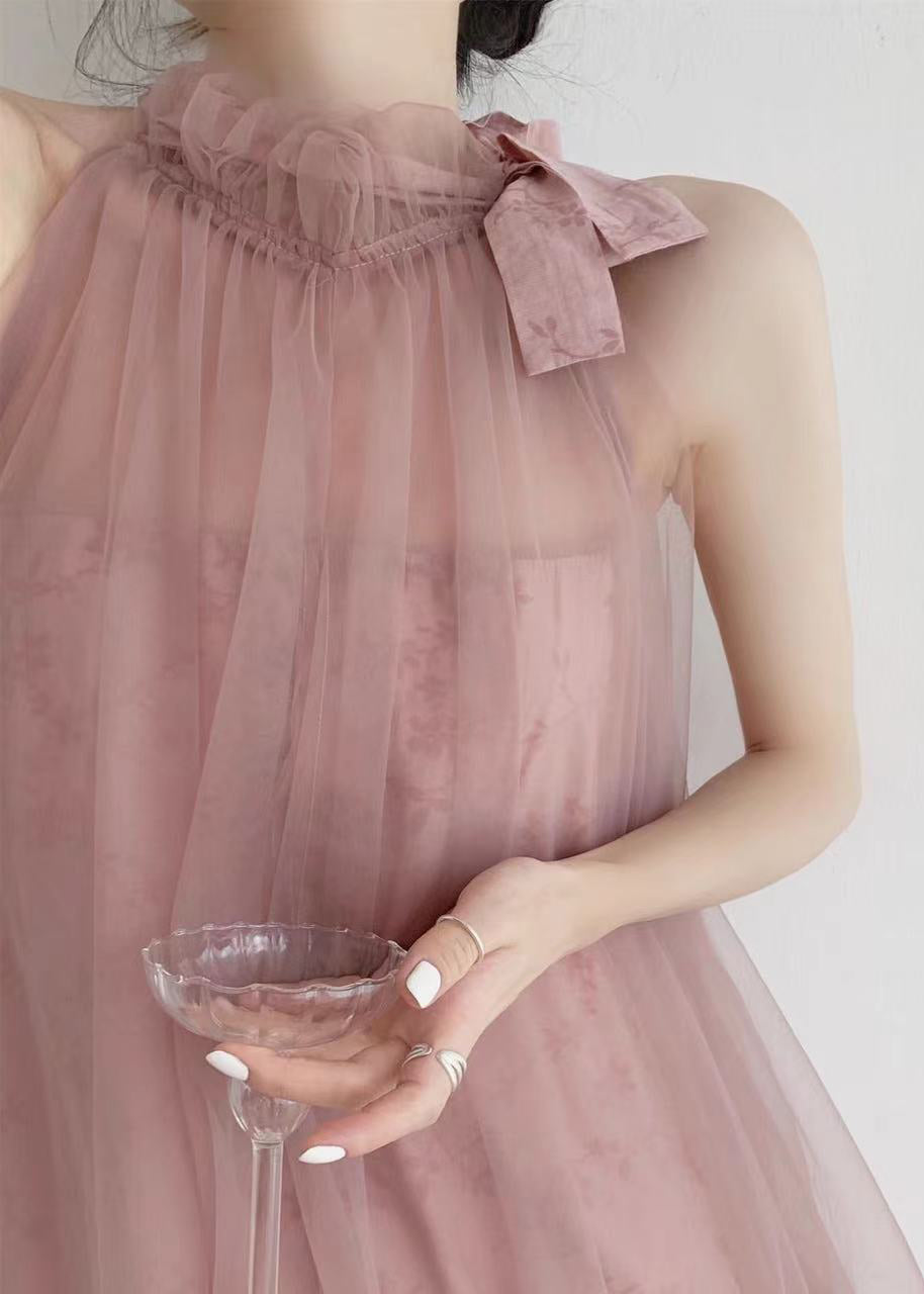 New Pink Halter Design Print Chiffon Dress Sleeveless - View 2