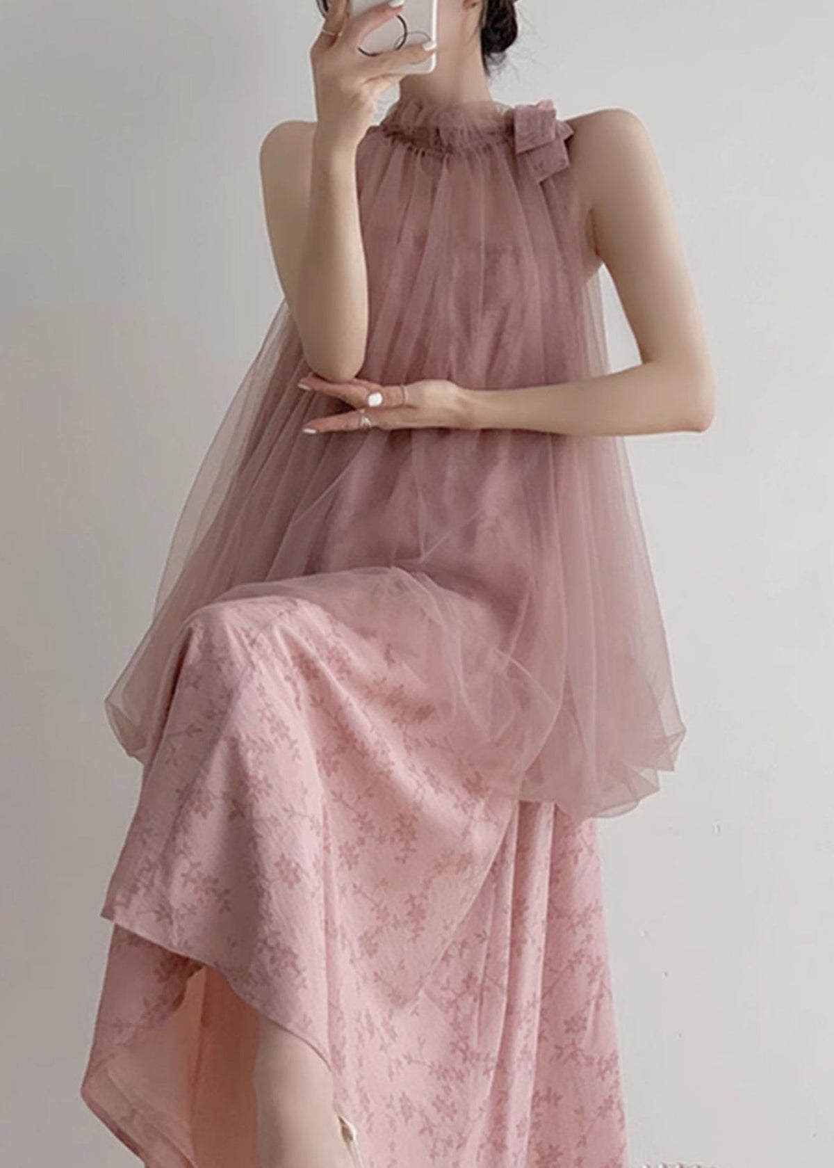 New Pink Halter Design Print Chiffon Dress Sleeveless - View 3