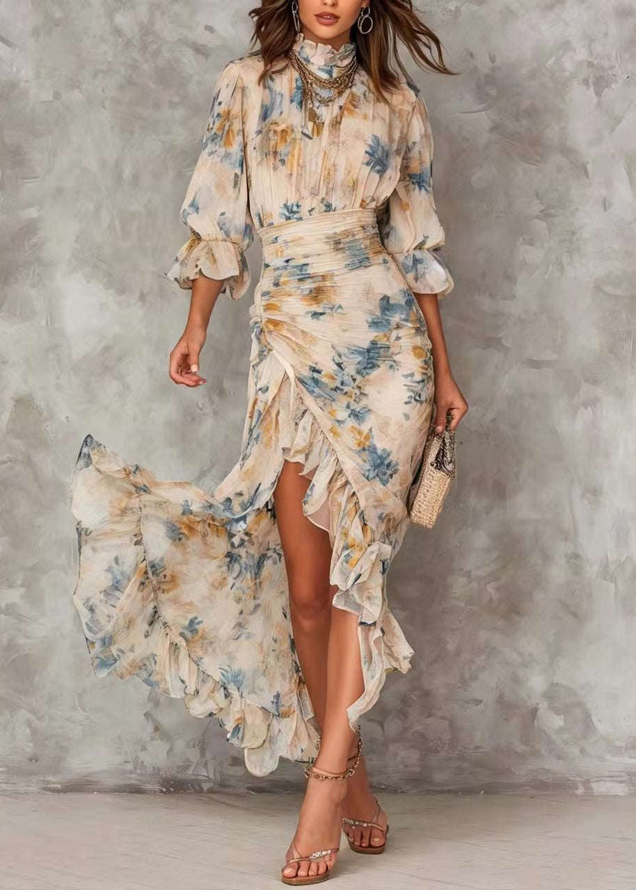 Print Hign Neck Asymmetrical Ruffled Patchwork Chiffon Dress - View 3