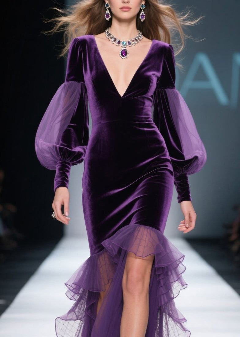 New Purple Asymmetrical Ruffled Patchwork Velvet Dress Fall - View 2