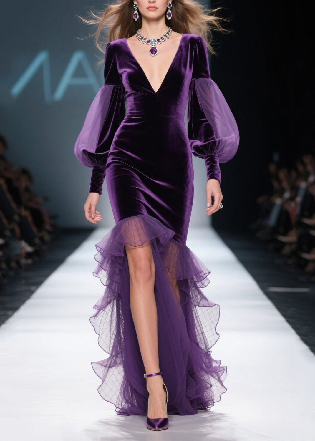 New Purple Asymmetrical Ruffled Patchwork Velvet Dress Fall - View 3