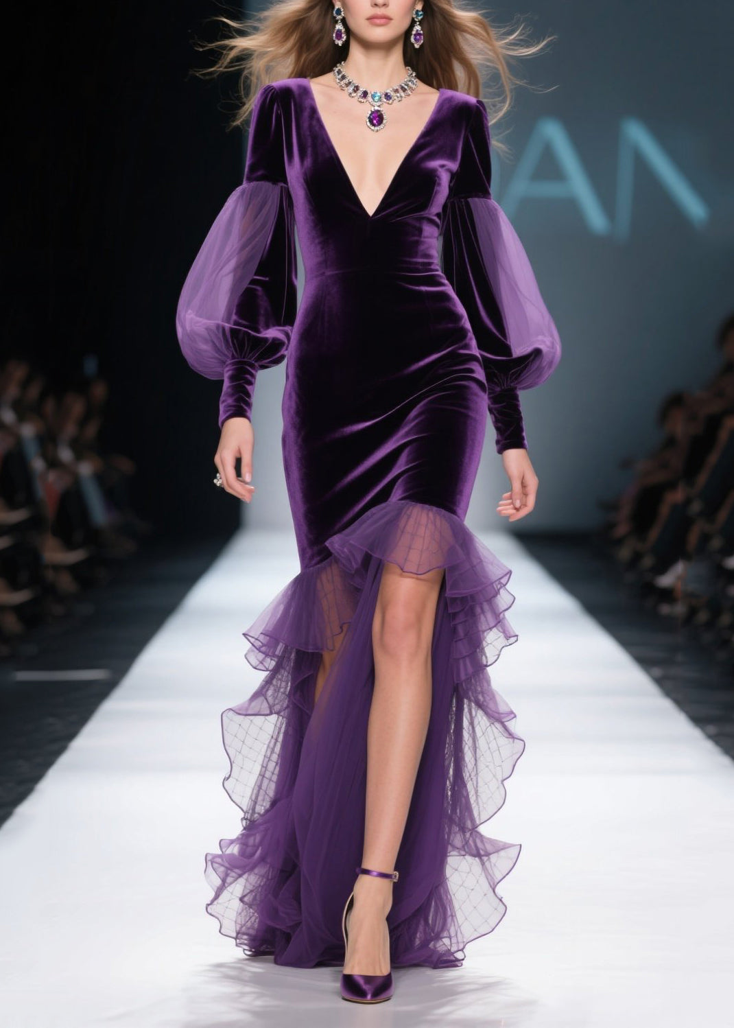 New Purple Asymmetrical Ruffled Patchwork Velvet Dress Fall - View 5