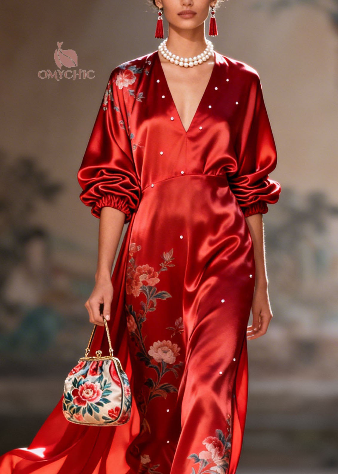 Satin Floral Embroidery Pearl Trim Deep V-Neck Puff Sleeve Maxi Gown - View 2
