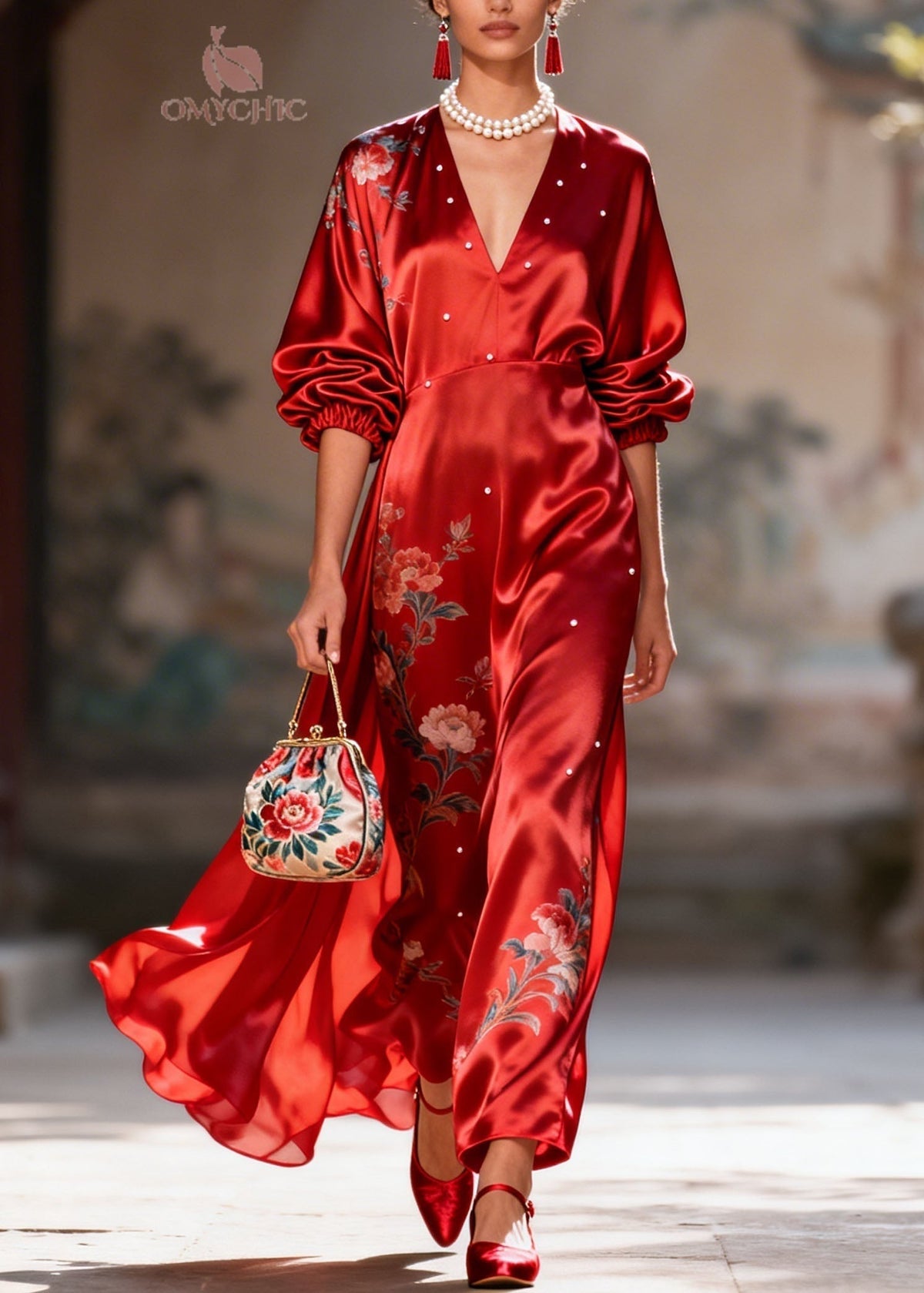 Satin Floral Embroidery Pearl Trim Deep V-Neck Puff Sleeve Maxi Gown - View 5
