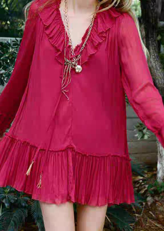 New Red V Neck Wrinkled Lace Up Cotton Mini Dresses Fall - View 4
