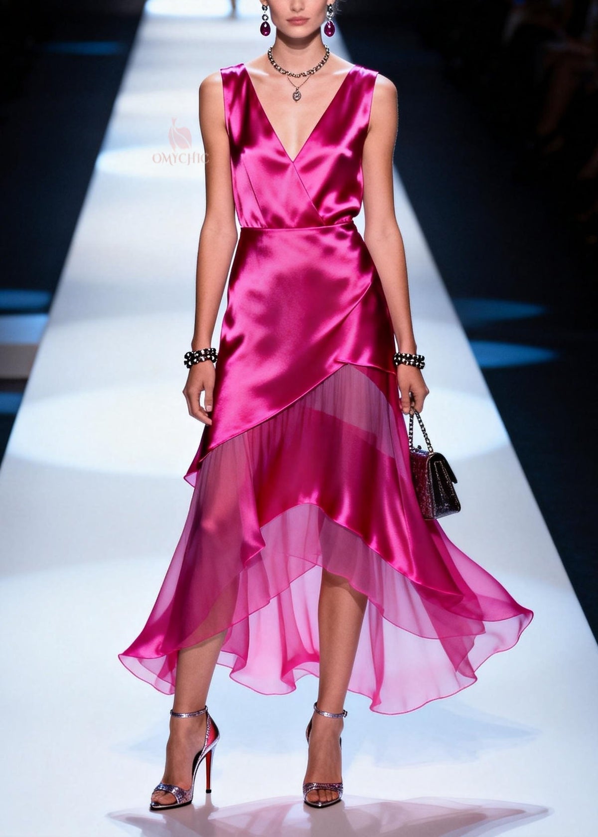 Satin Deep V-Neck Sleeveless Wrap Asymmetrical Tiered Midi Dress - View 5