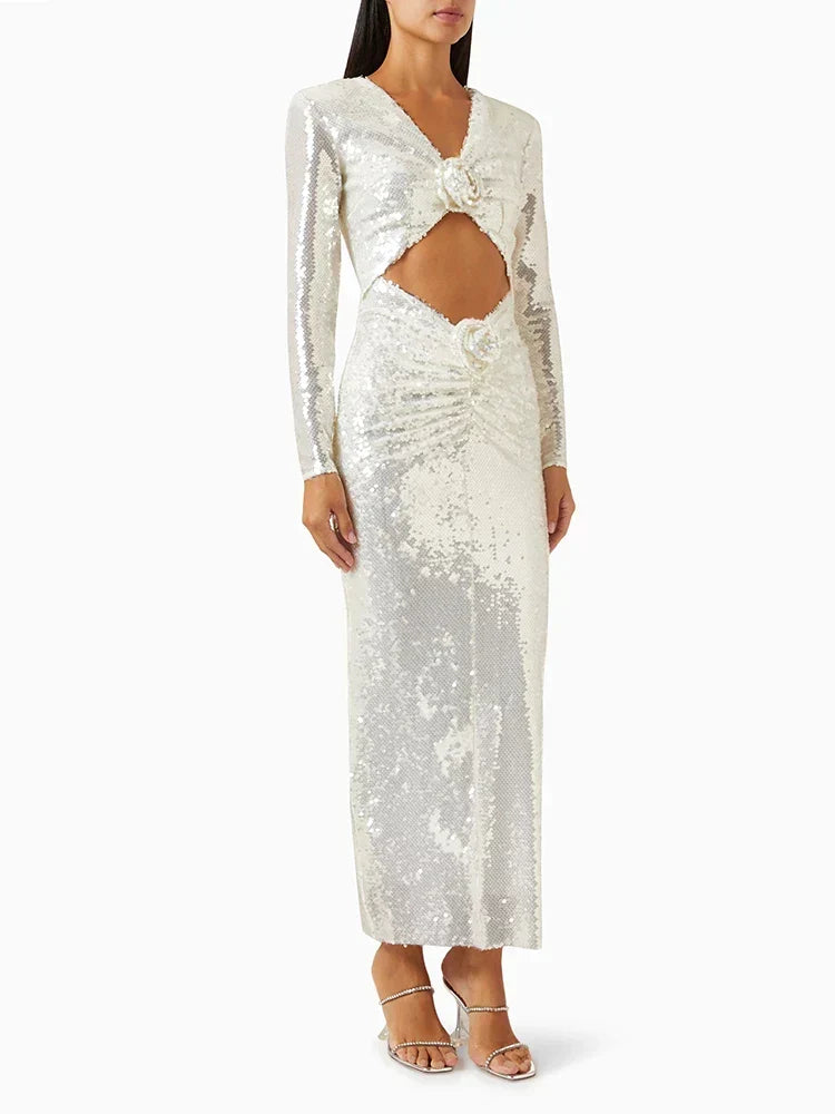 Deep V-Neck Long Sleeve Cut Out Rosette Sequin Maxi Dress 4
