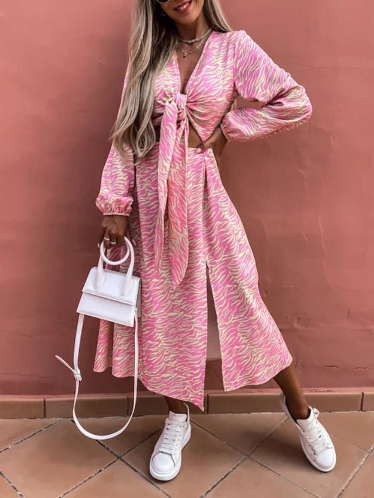 New Spring Long Sleeve Print Lace Up Dress - View 5
