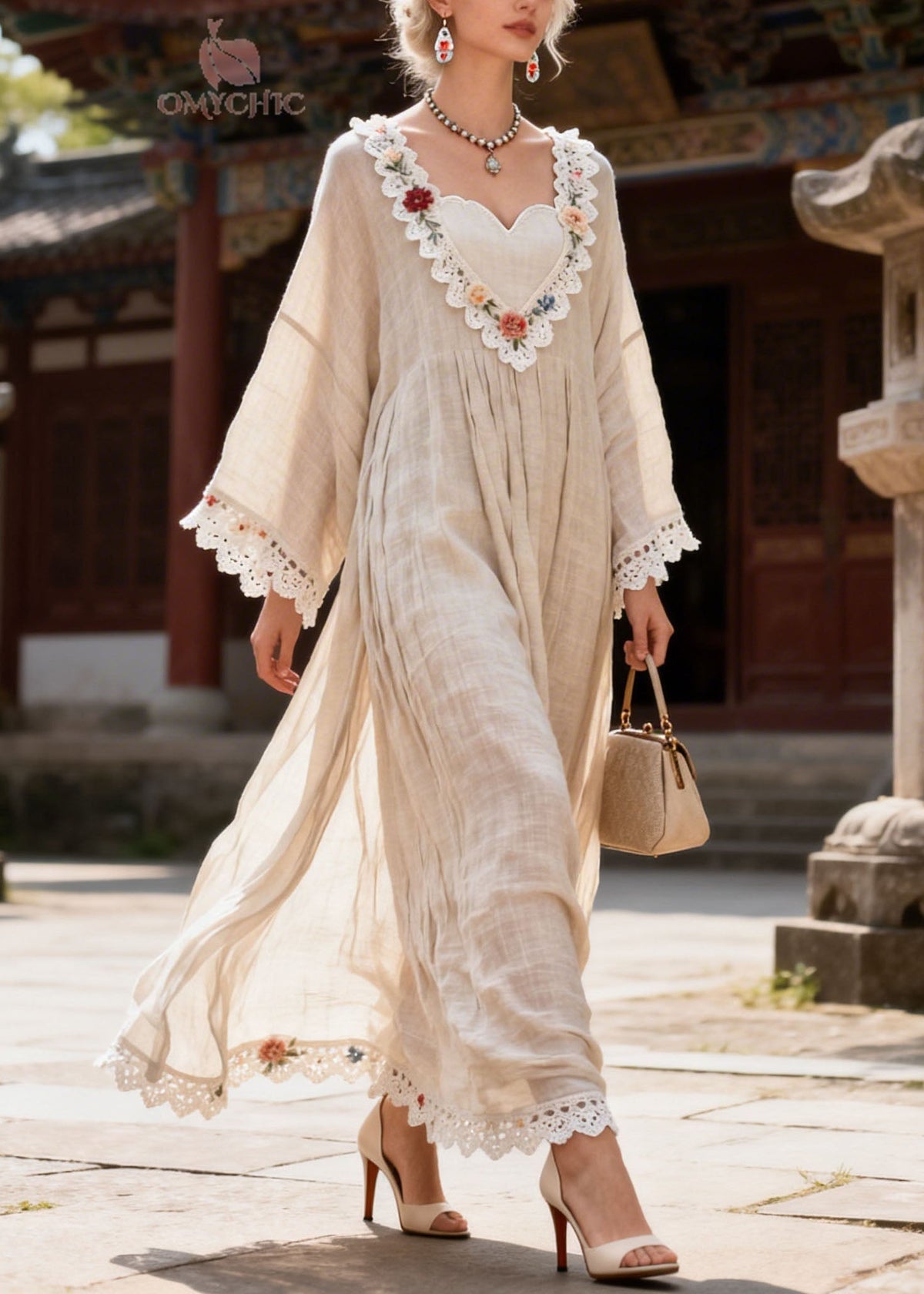 Woven Lace Trim Floral Embroidery Bell Sleeve Empire Waist Maxi Dress - View 3