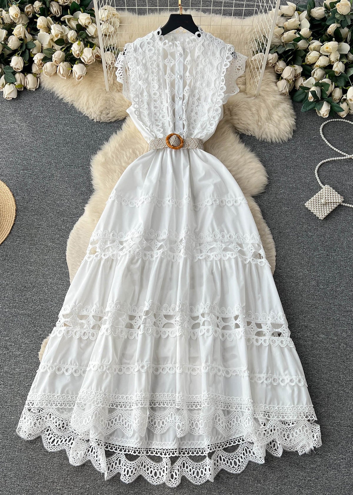 Eyelet Lace Ruffle Mandarin Collar Sleeveless Maxi Dress