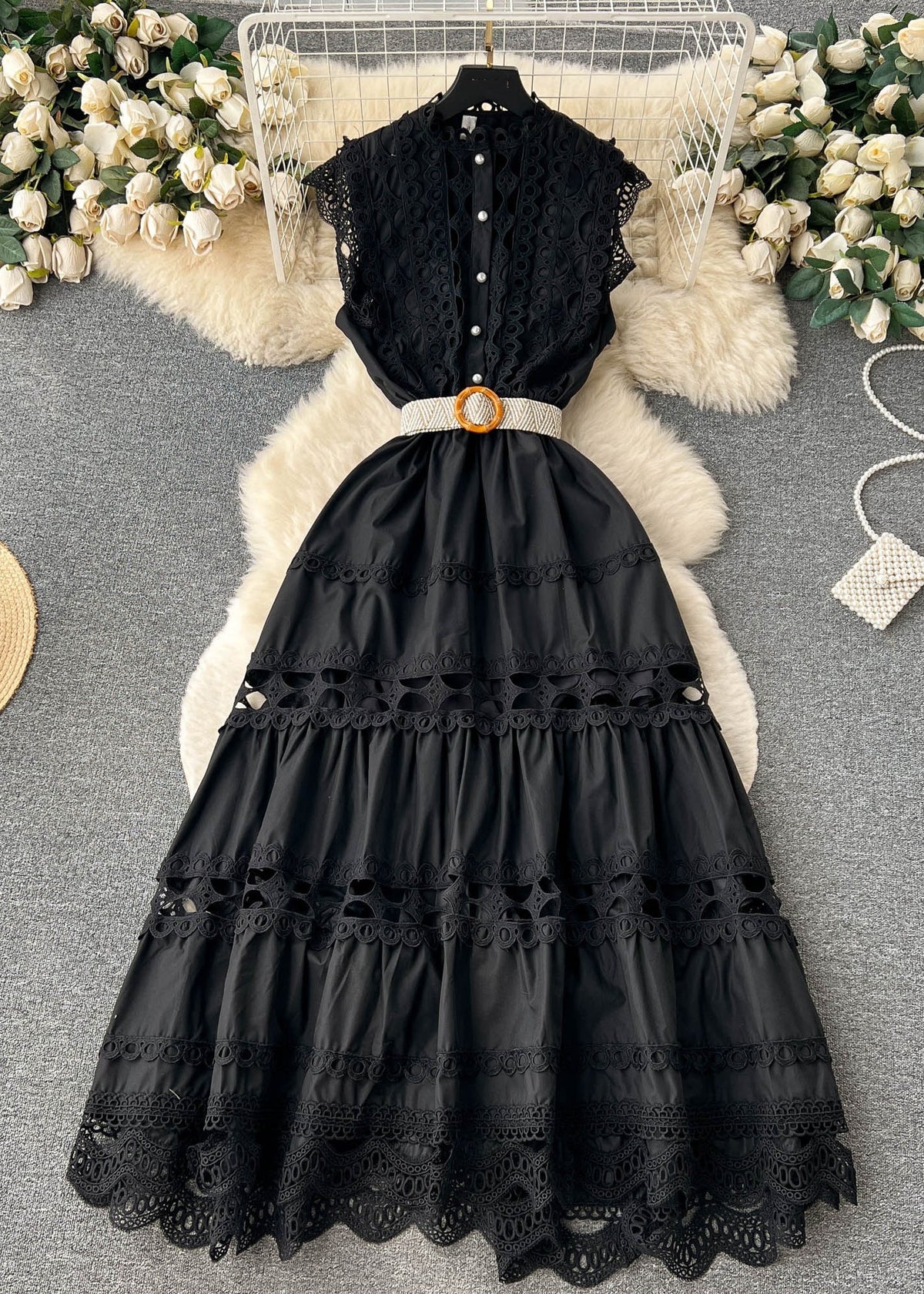 Eyelet Lace Ruffle Mandarin Collar Sleeveless Maxi Dress - View 2