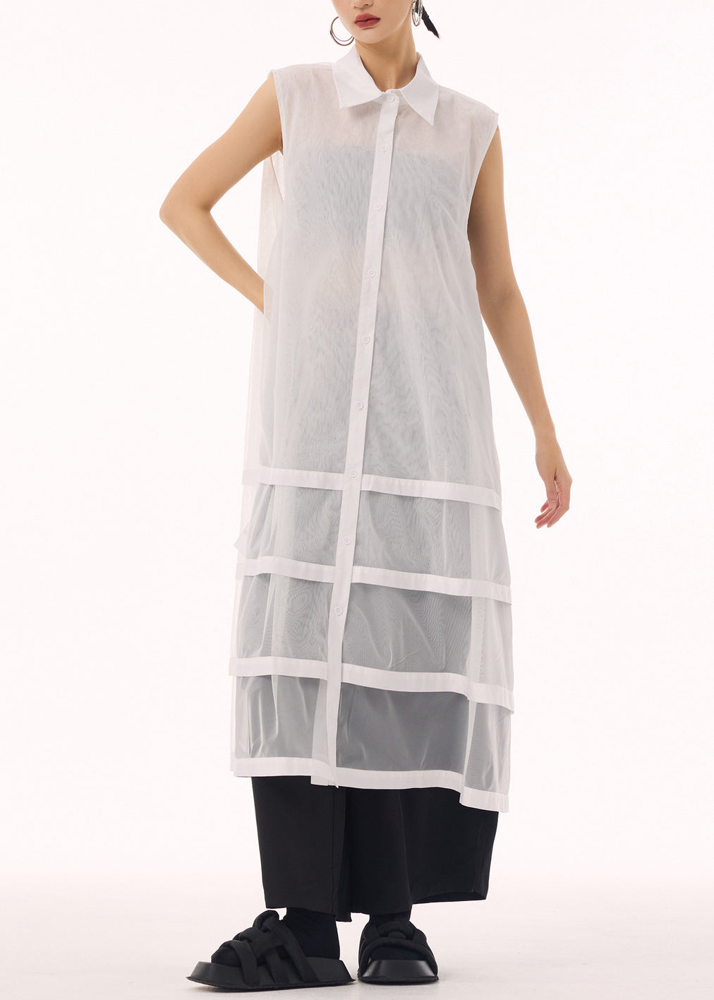 New White Peter Pan Collar Tulle Patchwork Cotton Maxi Dresses Sleeveless - View 4
