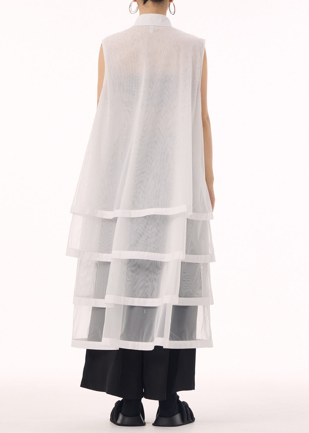 New White Peter Pan Collar Tulle Patchwork Cotton Maxi Dresses Sleeveless - View 5
