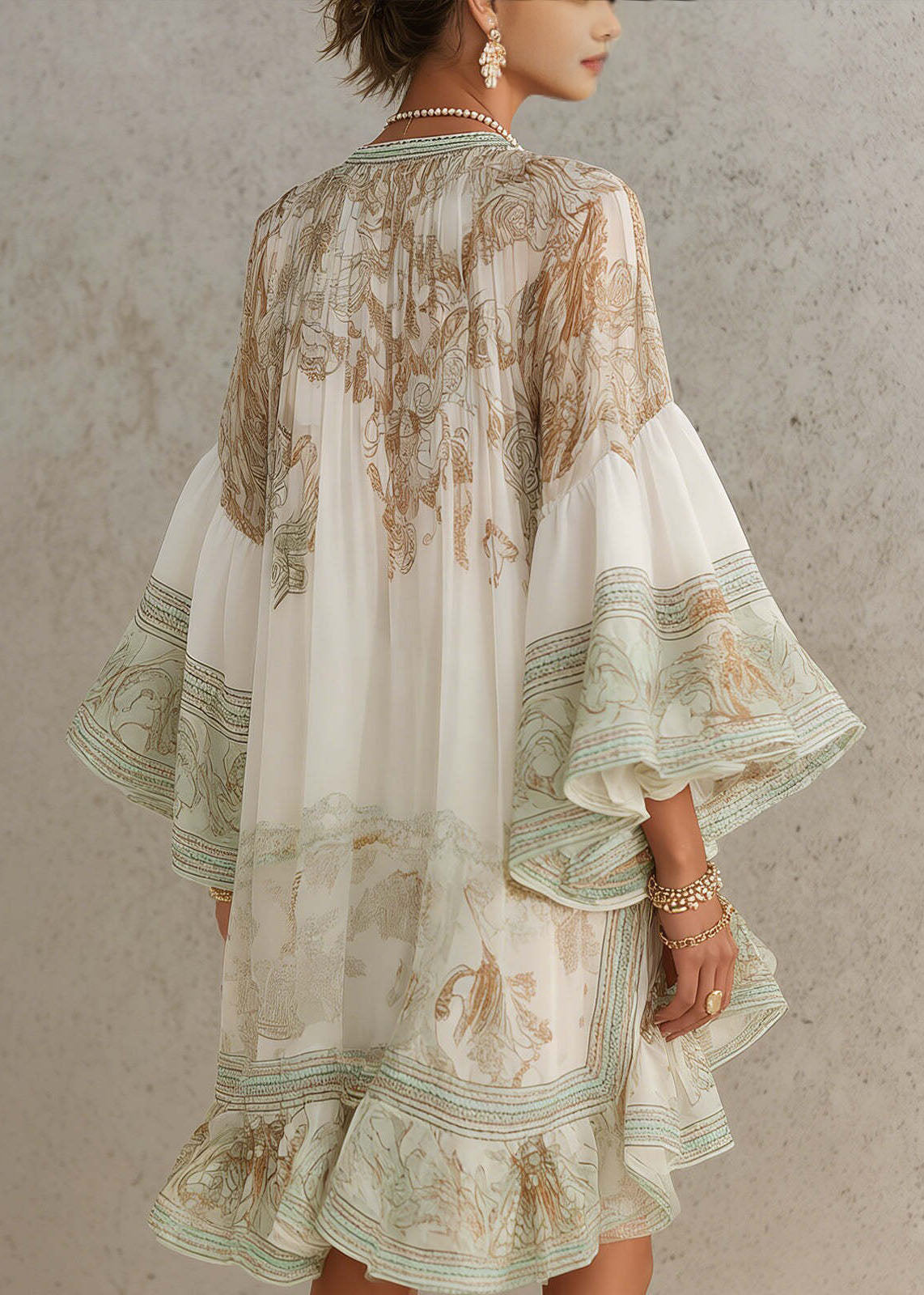 New White Print Ruffled Patchwork Chiffon Mid Dress Summer - View 2