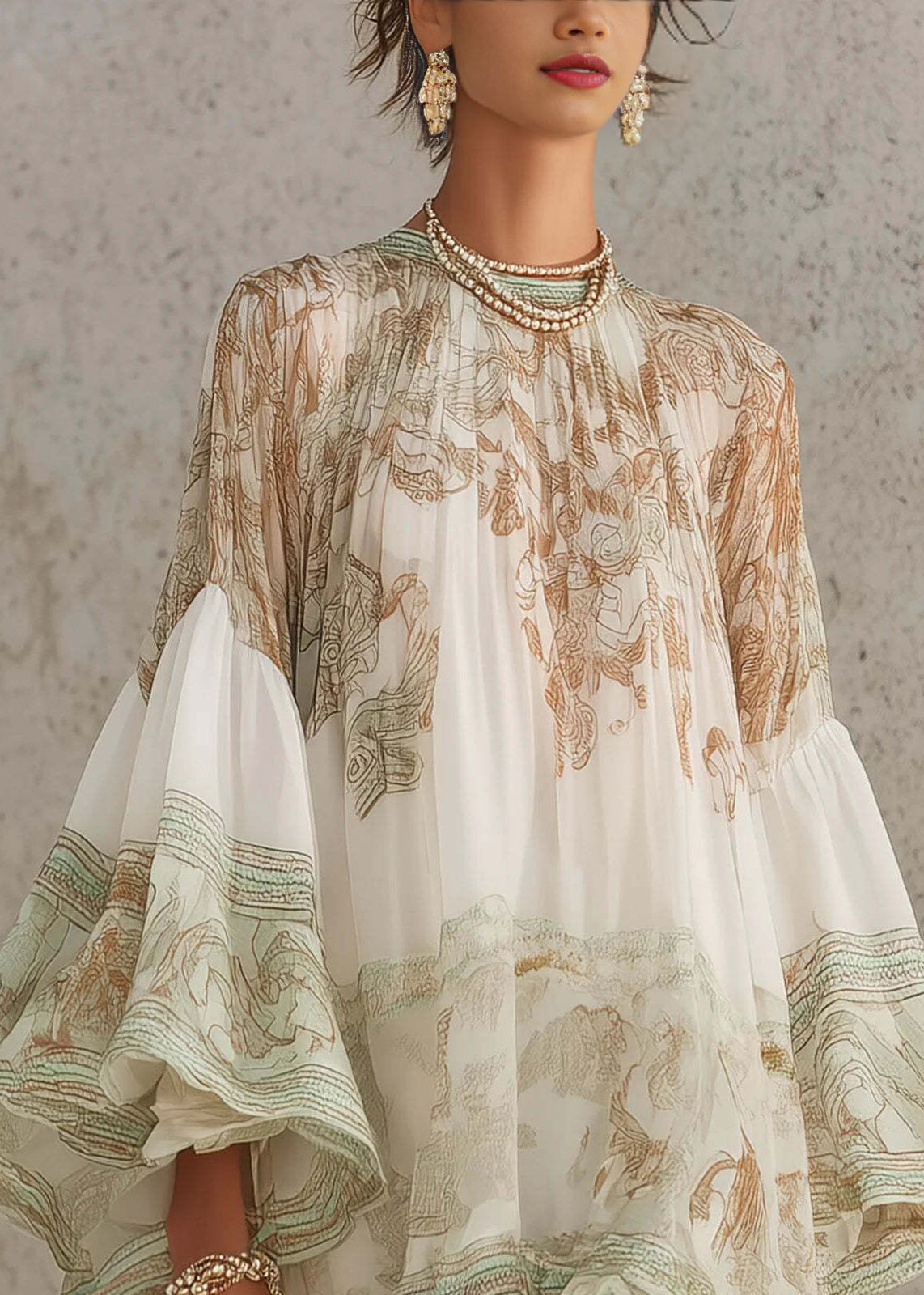 New White Print Ruffled Patchwork Chiffon Mid Dress Summer - View 4