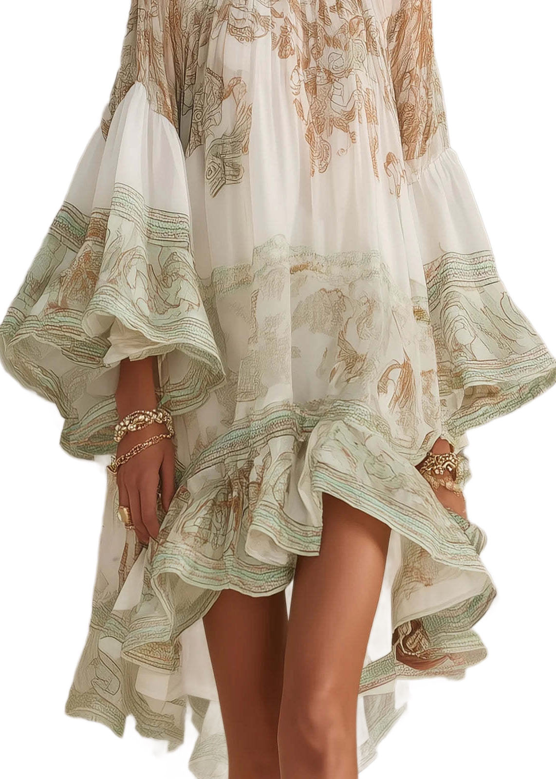 New White Print Ruffled Patchwork Chiffon Mid Dress Summer - View 5
