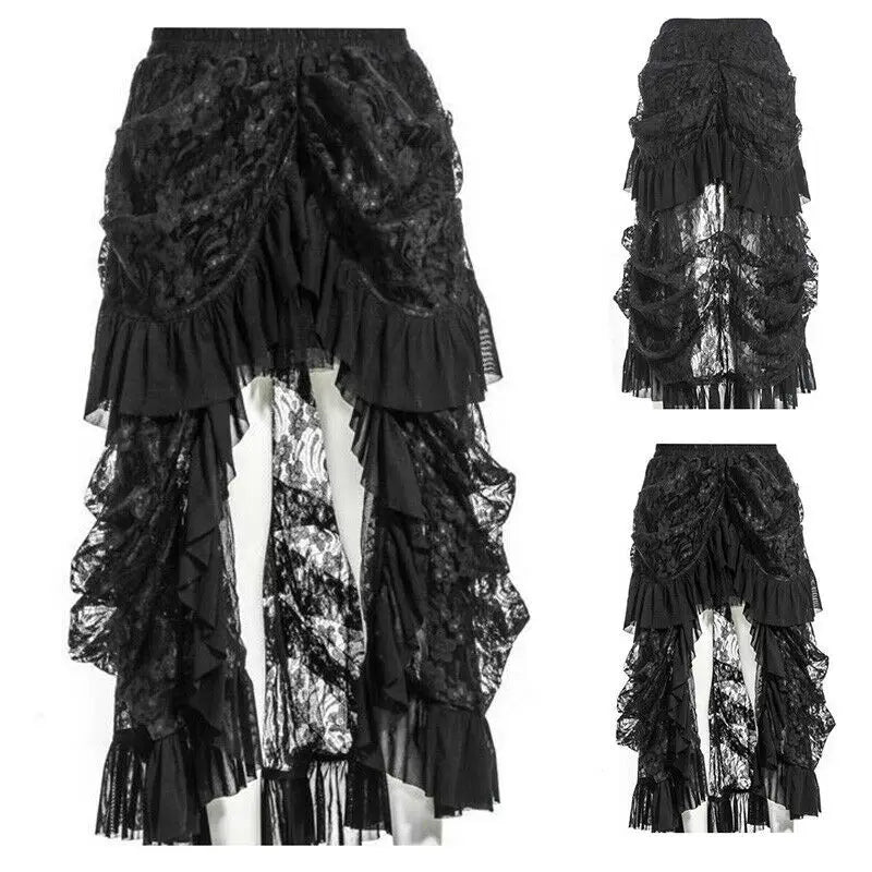 Retro Victorian Lace Up SteamGothic Goth Long Ruffle Dress - View 3