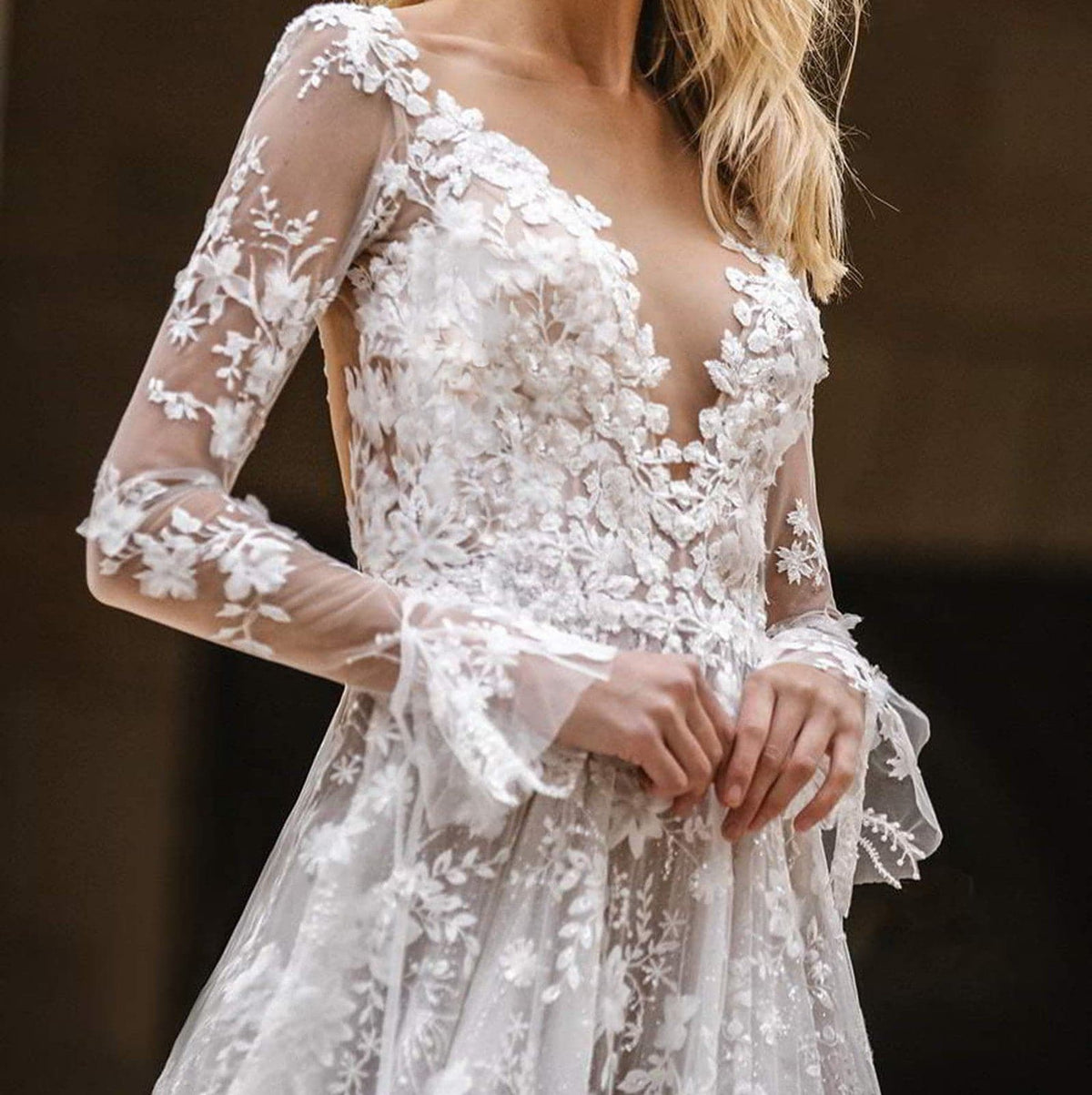 Lace Floral Deep V-Neck Long Sleeve Trumpet Cuff Mesh Prom Gown - View 2