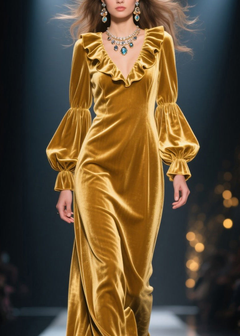 New Yellow Ruffled Patchwork Velvet Maxi Dresses Fall - View 2