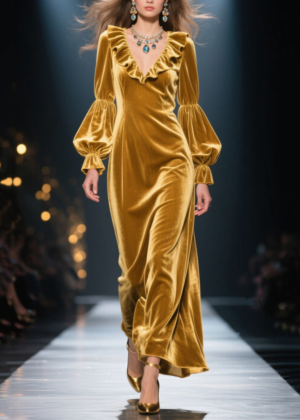 New Yellow Ruffled Patchwork Velvet Maxi Dresses Fall - View 3