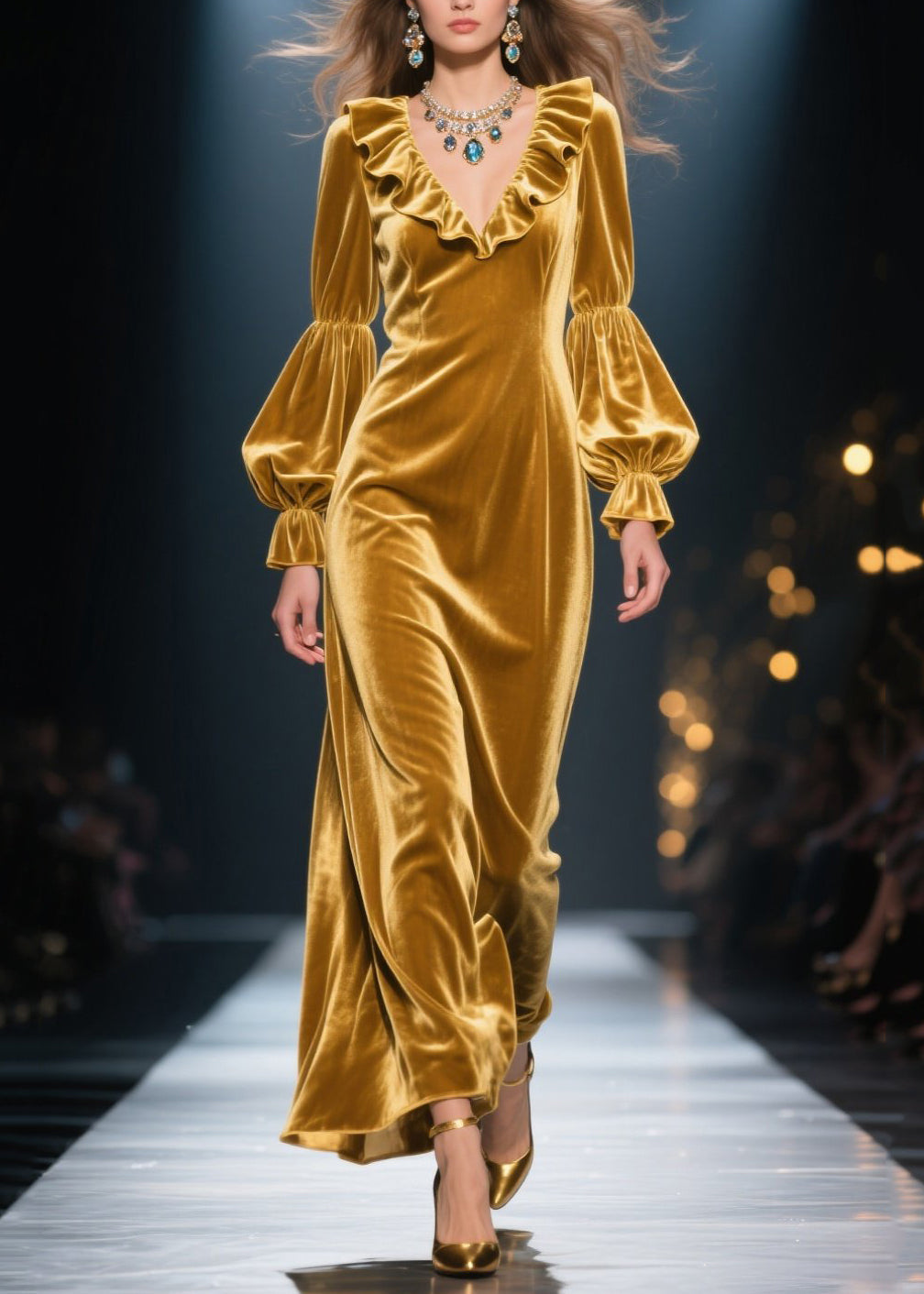 New Yellow Ruffled Patchwork Velvet Maxi Dresses Fall - View 5