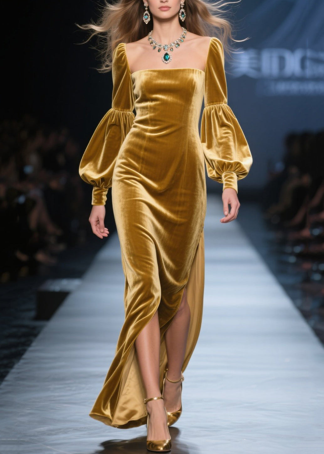 New Yellow Square Collar Side Open Velvet Maxi Dresses Fall - View 5