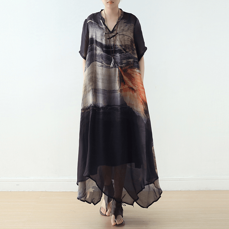 Abstract Print V-Neck Mandarin Collar Tie Neck Maxi Dress