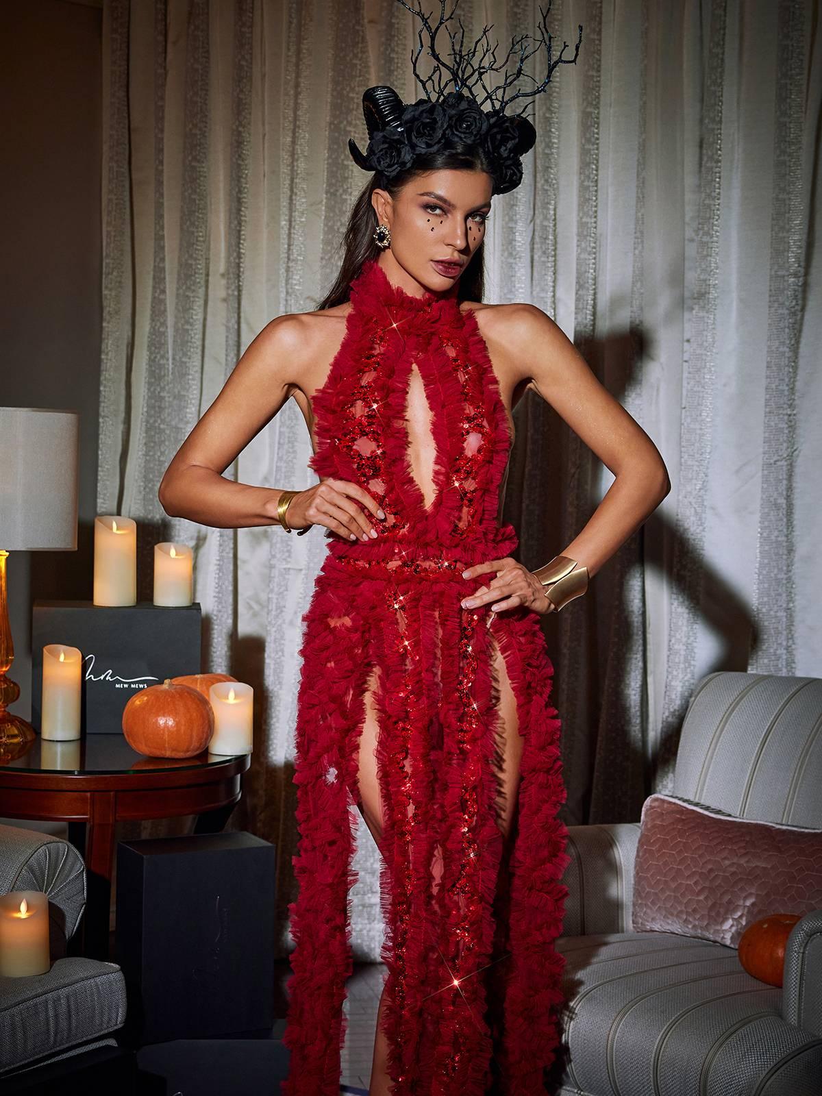 Sequin Tulle Halter Neck Keyhole Cut Out High Split Ruffle Maxi Gown - View 4