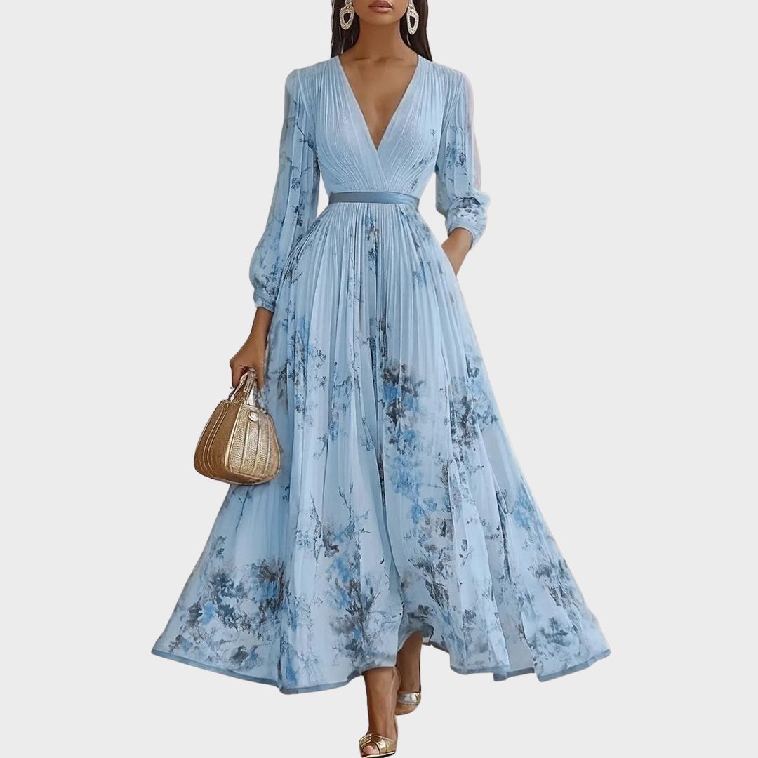 V-Neck Sleeveless Belted Floral Pleated Maxi Dress 6