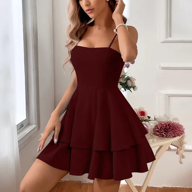 Square Neck Spaghetti Strap Tiered Ruffle A-Line Mini Party Dress - View 10