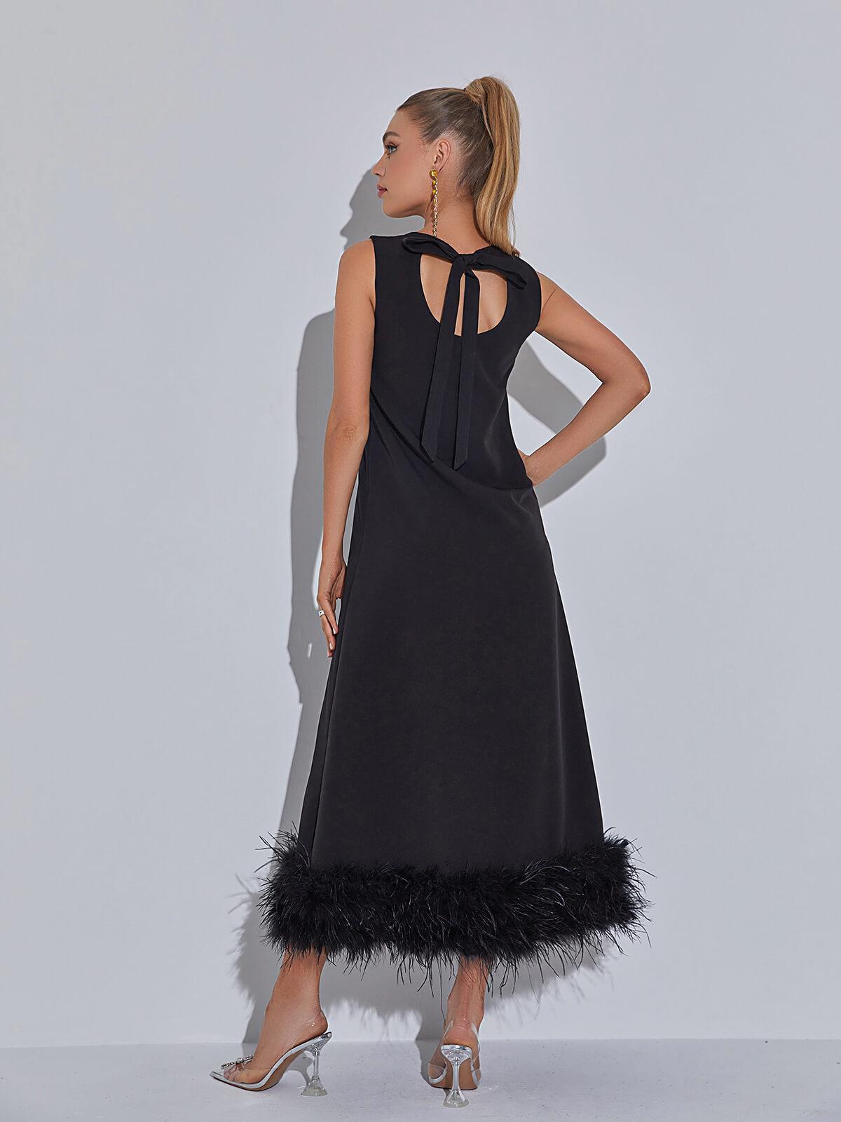 Feather Hem Round Neck Sleeveless A-Line Midi Dress - View 5