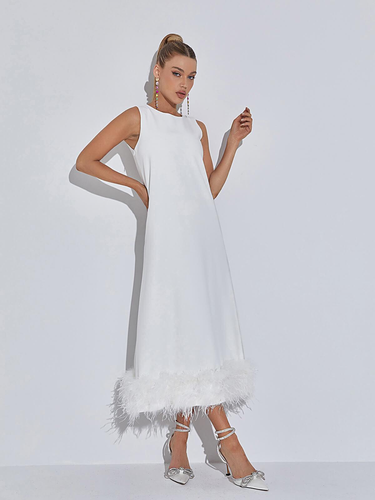 Nisha Feather Midi Dress In White - View 2