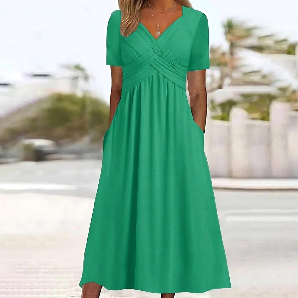 Crossover Wrap Pleated Bodice Short Sleeve V-Neck Midi Dress - View 5