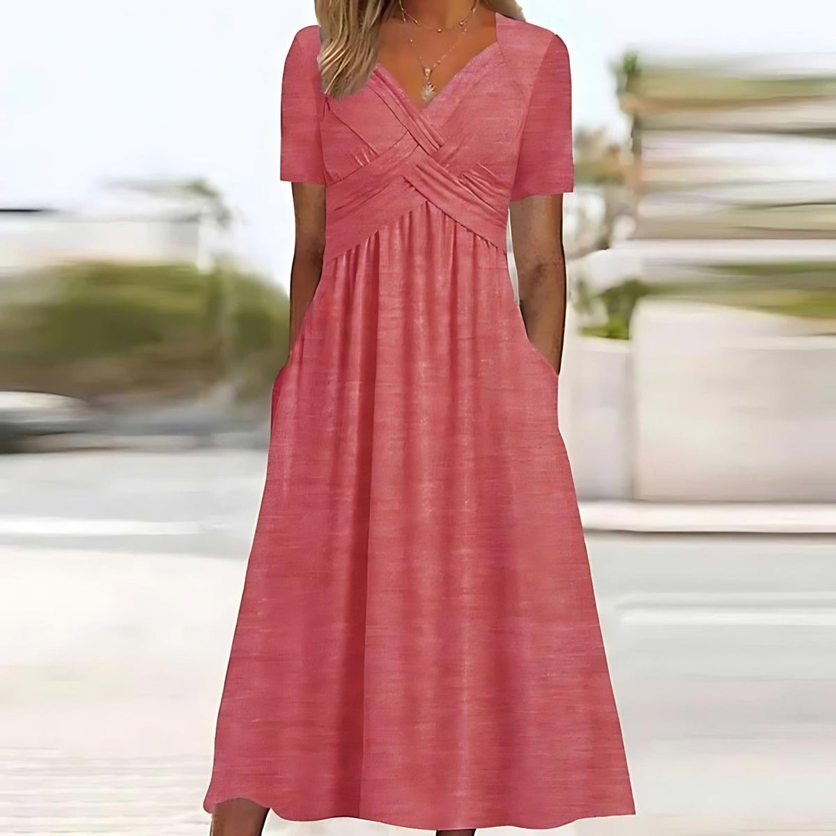 Crossover Wrap Pleated Bodice Short Sleeve V-Neck Midi Dress - View 3