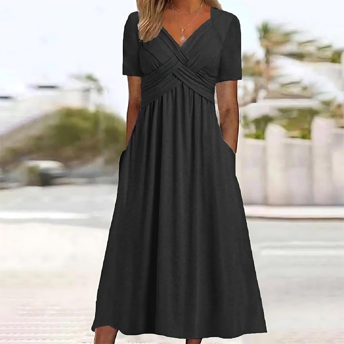 Crossover Wrap Pleated Bodice Short Sleeve V-Neck Midi Dress - View 4